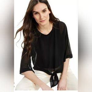 Zara small black sheer short sleeve lined tank tie hem blouse top chic Shirt